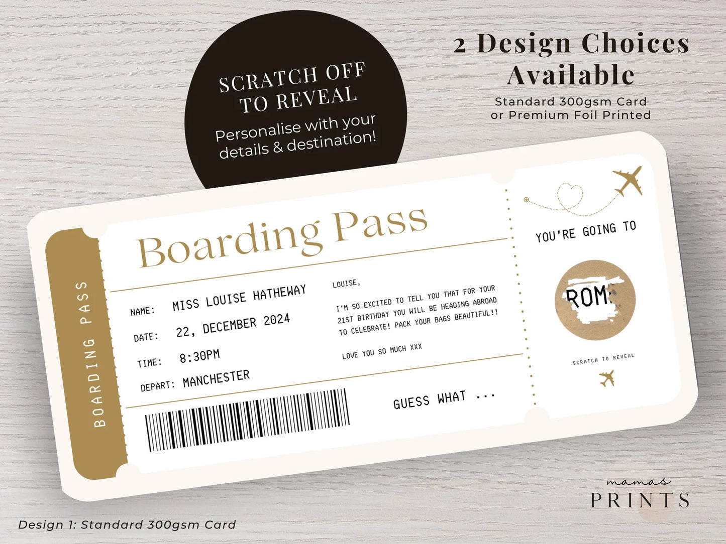 Personalised Boarding Pass Scratch Card – Surprise Holiday Reveal, Fake Plane Ticket, Hen Party/Stag Gift, Custom Travel Voucher, Christmas