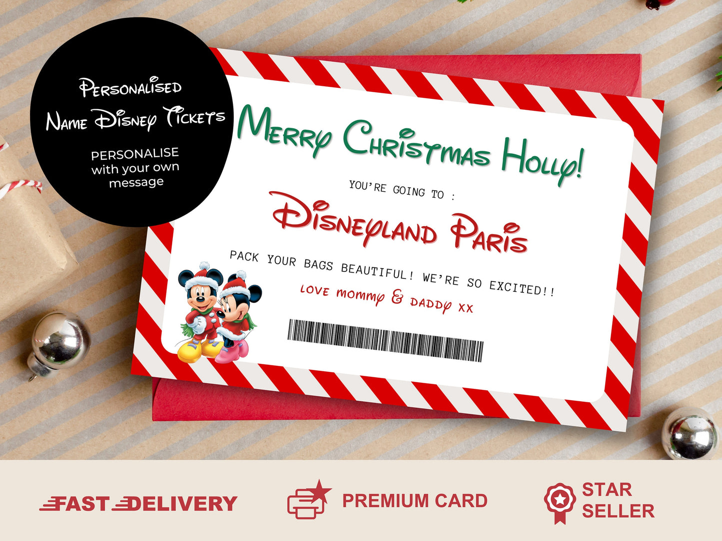 Personalised Disneyland Ticket | Custom Disney Gift Voucher | Walt Disney World Card | Magical Xmas Surprise