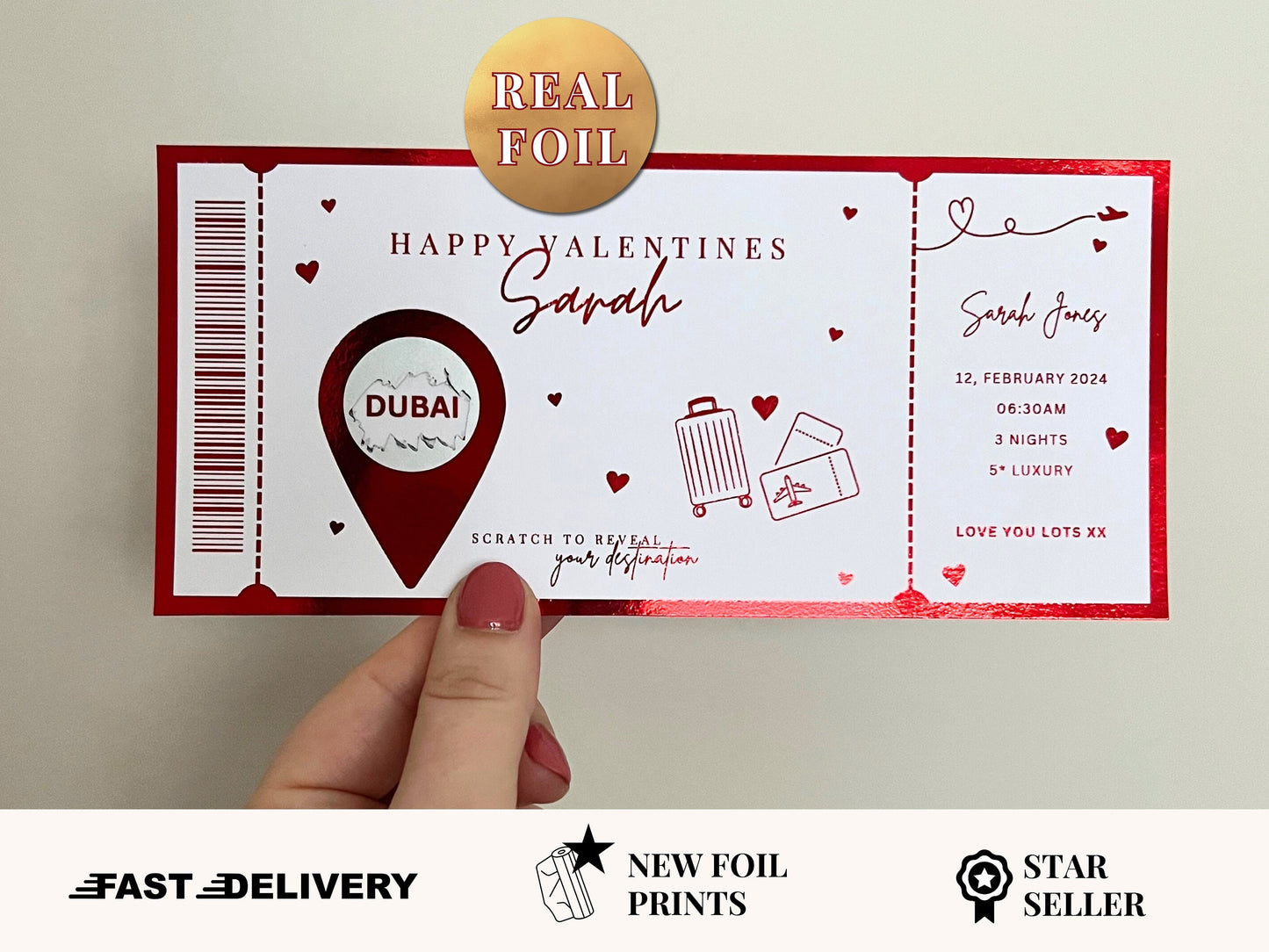 Personalised Valentines Foil Ticket | Surprise Holiday Scratch Card | Boarding Pass Scratch Card | Plane Ticket | Boarding Pass