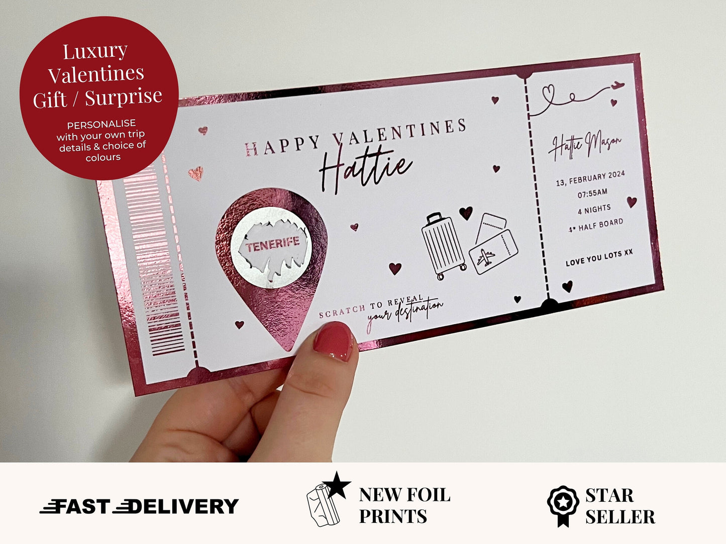 Personalised Valentines Foil Ticket | Surprise Holiday Scratch Card | Boarding Pass Scratch Card | Plane Ticket | Boarding Pass