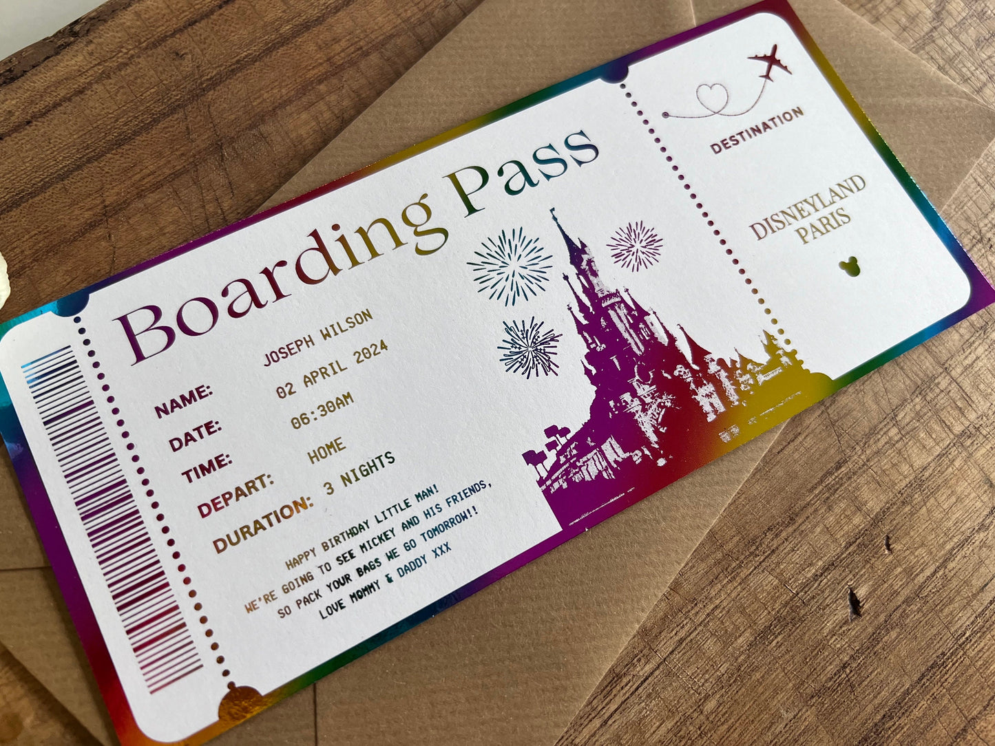 Disneyland Paris Foil Boarding Pass | Personalised Surprise Holiday Ticket | Walt Disney World | Florida | Birthday Gift