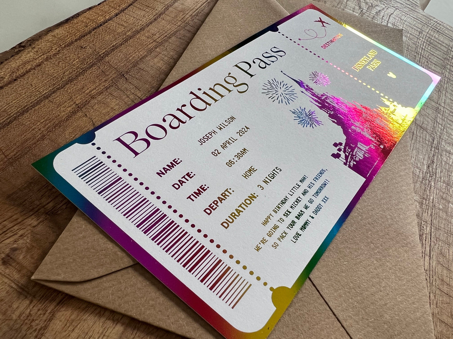 Disneyland Paris Foil Boarding Pass | Personalised Surprise Holiday Ticket | Walt Disney World | Florida | Birthday Gift