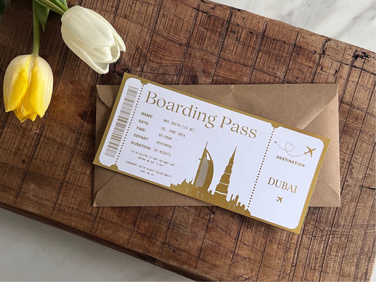 Dubai Personalised Foil Boarding Pass | Personalised Surprise Holiday | Holiday Surprise | Vacation | Birthday Anniversary Gift Plane Ticket