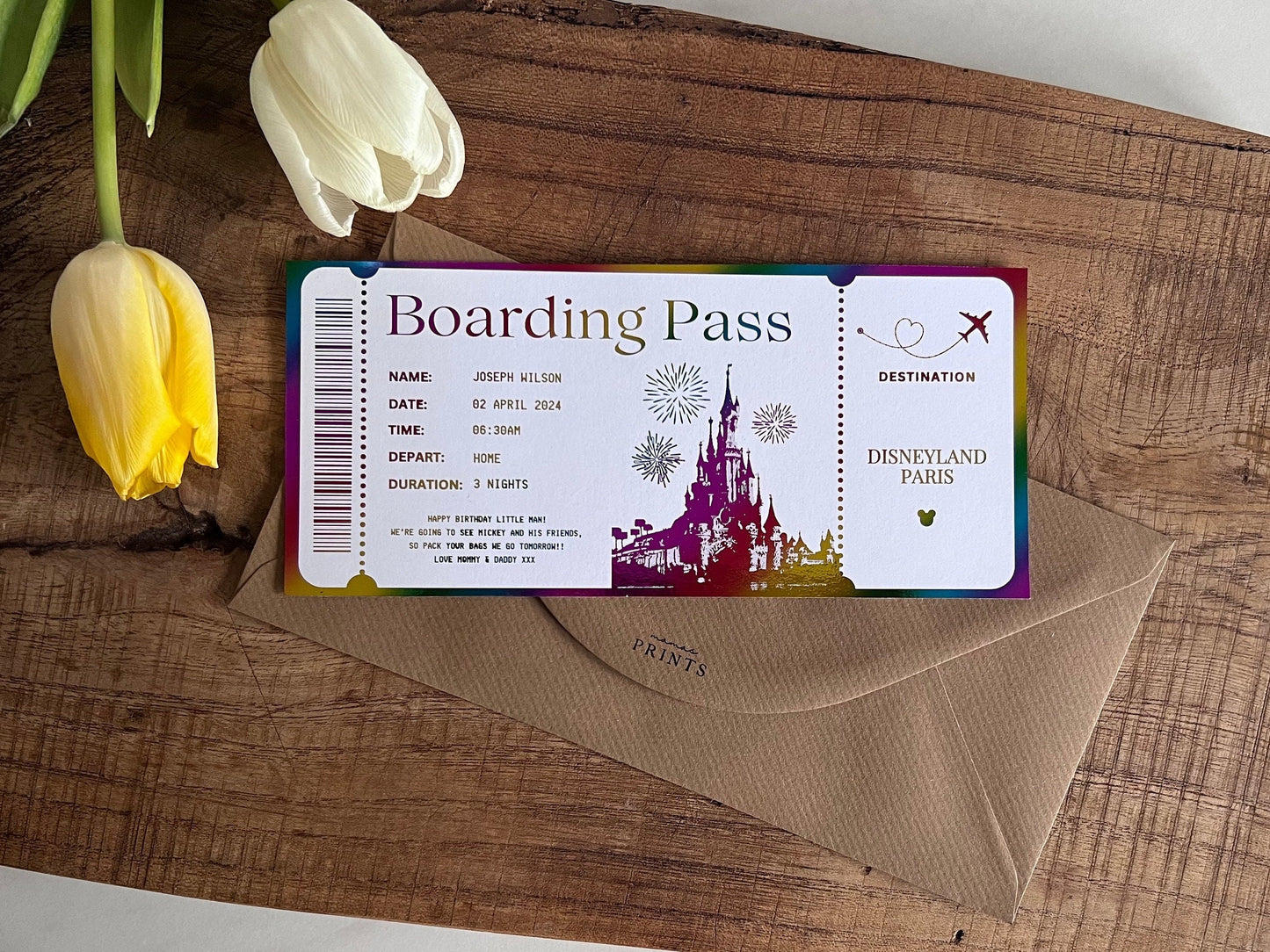 Disneyland Paris Foil Boarding Pass | Personalised Surprise Holiday Ticket | Walt Disney World | Florida | Birthday Gift