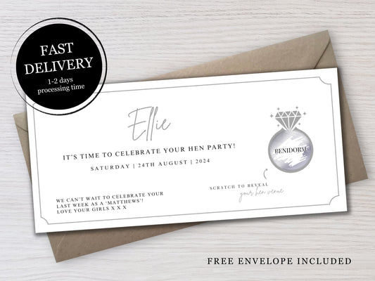 Personalised Hen Party Surprise Ticket | Scratch-Off Foil Invitation | Bride-to-Be Destination Reveal | Bridal Party Gift