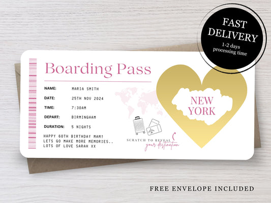 Personalised Boarding Pass Scratch Card | Surprise Trip Reveal | Holiday Gift Idea | Custom Plane Ticket with Envelope