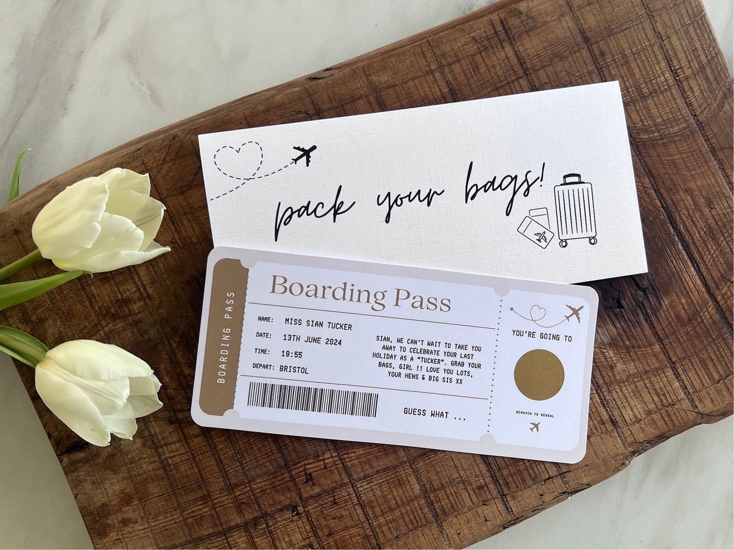 Personalised Boarding Pass Scratch Card – Surprise Holiday Reveal, Fake Plane Ticket, Hen Party/Stag Gift, Custom Travel Voucher, Christmas