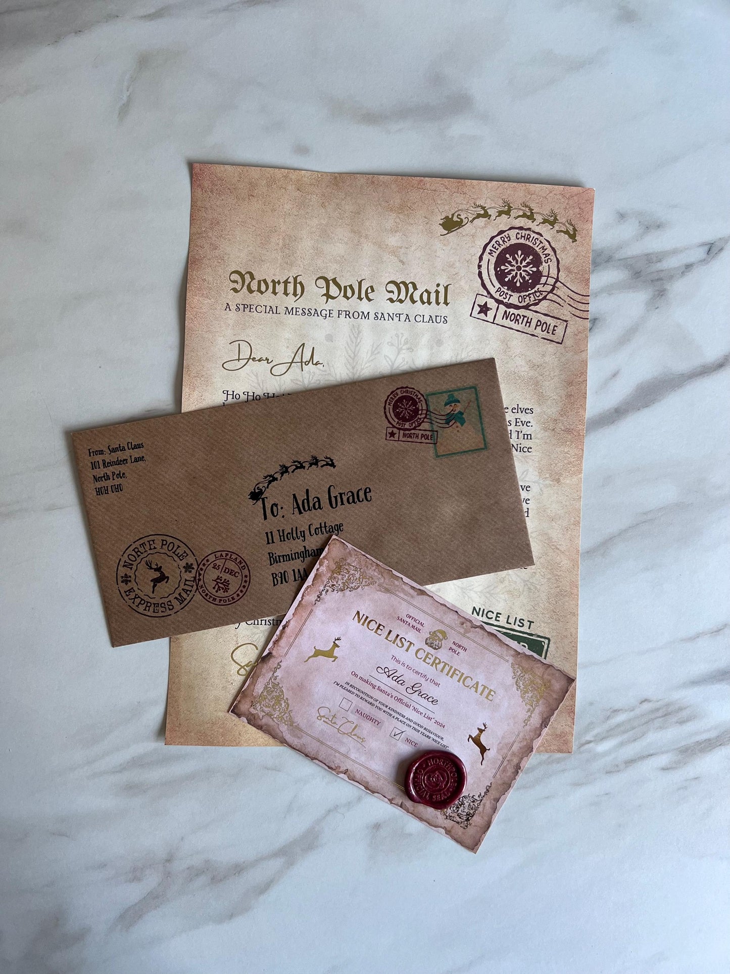 Personalised Santa Letter & Nice List Certificate | Christmas Gift Pack with Wax Seal | Father Christmas Envelope