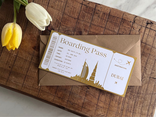 Dubai Personalised Foil Boarding Pass | Personalised Surprise Holiday Ticket | Holiday Surprise | Vacation | Birthday, Anniversary Gift