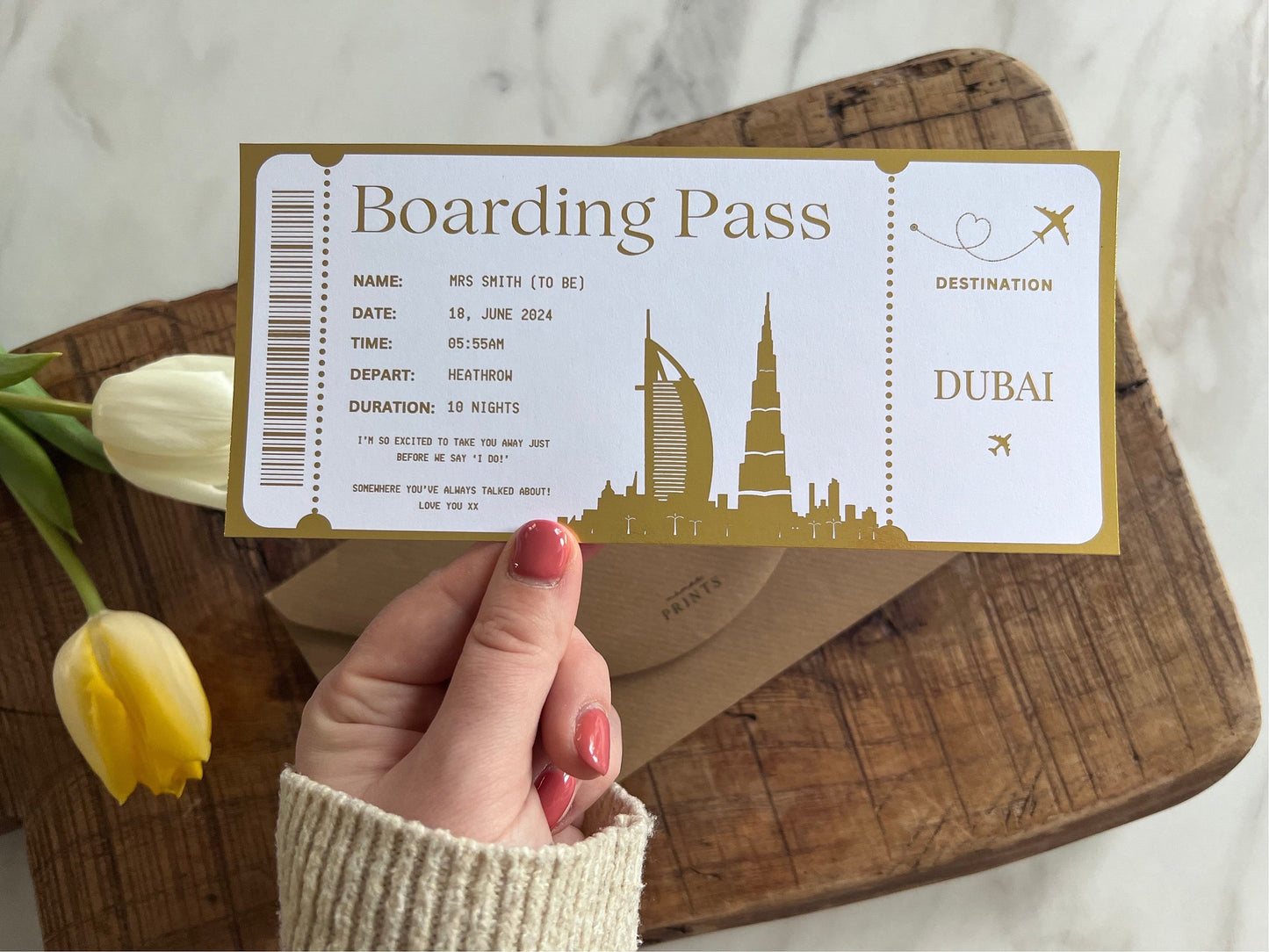 Dubai Personalised Foil Boarding Pass | Personalised Surprise Holiday Ticket | Holiday Surprise | Vacation | Birthday, Anniversary Gift